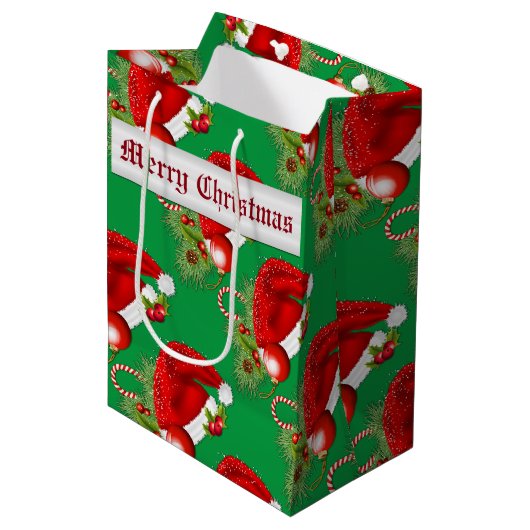 Weihnachtsmannmütze Weihnachts-Grün-Geschenktasche Mittlere Geschenktüte (Vorderseite Schrägansicht)