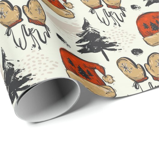 Weihnachtsmannmützen, Futtermittel und Bäume Geschenkpapier (Rolleneckpunkt)