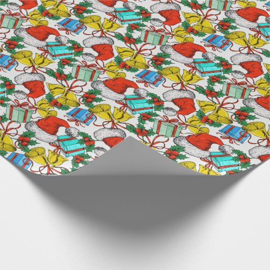 Weihnachtsmannmützen, Geschenke und Glocken Geschenkpapier (Ecke)