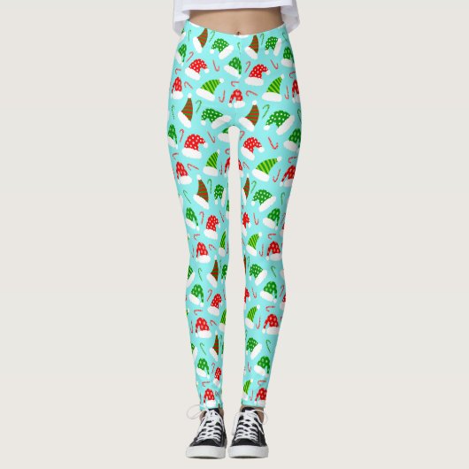 Weihnachtsmannmützen und Candy Canes Weihnachtsmus Leggings (Vorderseite)