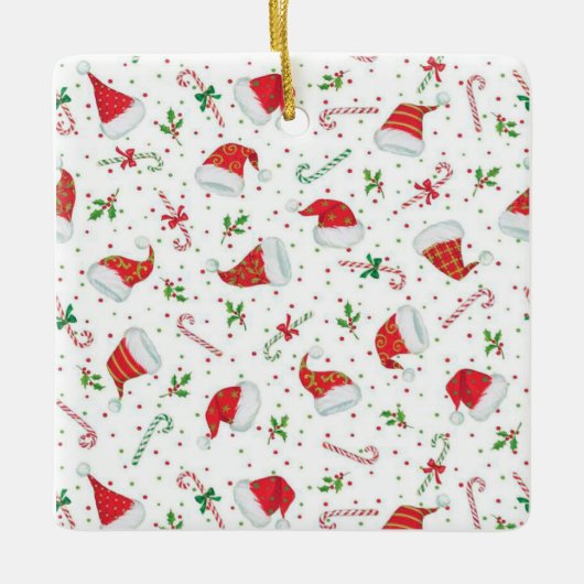 Weihnachtsmannmützen und Zuckerstangen Keramikornament (Vorderseite)