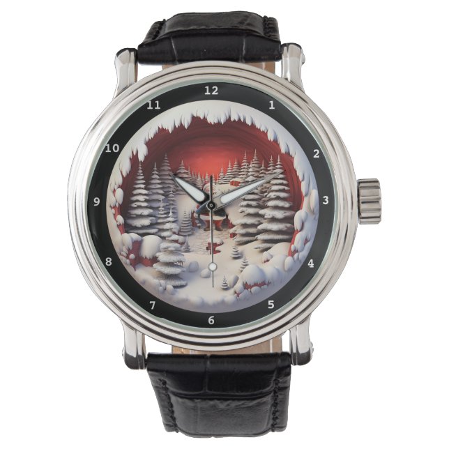 Weihnachtsmanns Schnee-Wald-Uhr Armbanduhr (Vorderseite)