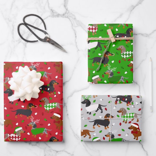 Weihnachtsmäntel Dackel Geschenkpapier Set (Vorderseite)