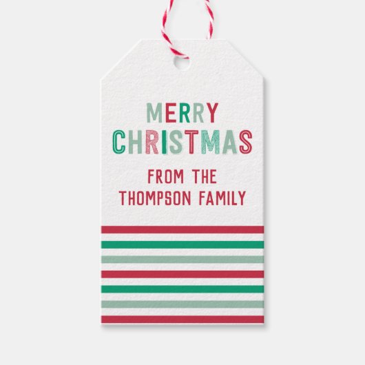 Weihnachtsmarken in Grün und Rotem Streifen Geschenkanhänger (Vorderseite)