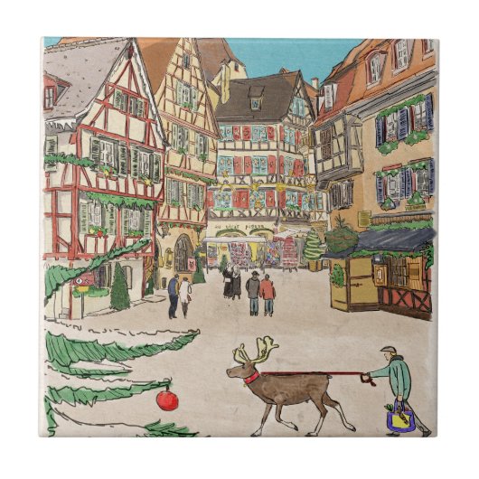 Weihnachtsmarkt Straßburg Frankreich Retro inspiri Fliese (Vorderseite)