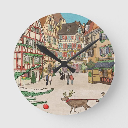 Weihnachtsmarkt Straßburg Frankreich Retro inspiri Runde Wanduhr (Vorderseite)