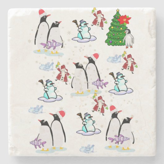 Weihnachtsmarmor Stone Untersetzer, Pinguin Snowma Steinuntersetzer (Vorderseite)