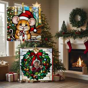 Weihnachtsmaus Faux-Buntglas Keramikornament