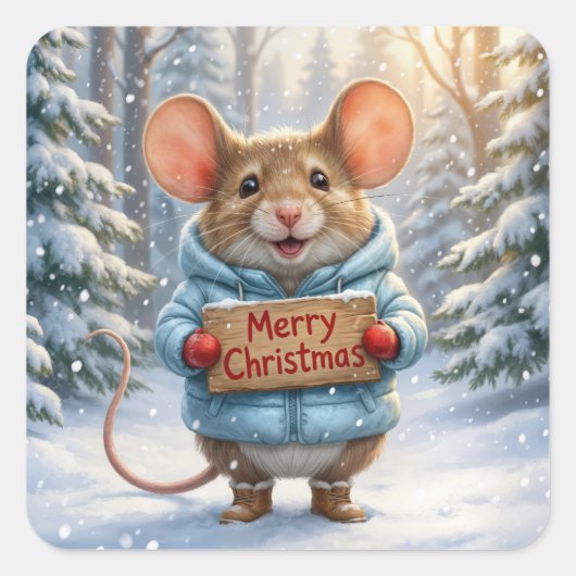 Weihnachtsmaus im Winterwald Quadratischer Aufkleber (Vorderseite)