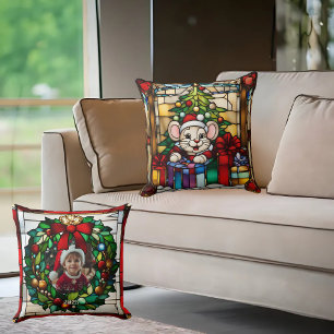 Weihnachtsmaus in Geschenken Faux-Buntglas Kissen