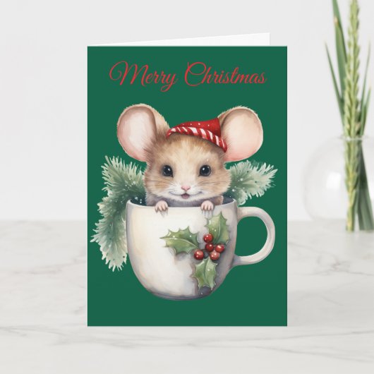 Weihnachtsmaus in Teetasse Feiertagskarte (Vorderseite)