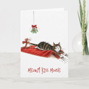 Weihnachtsmaus zieht eine Katze unter der Mistelzw Karte