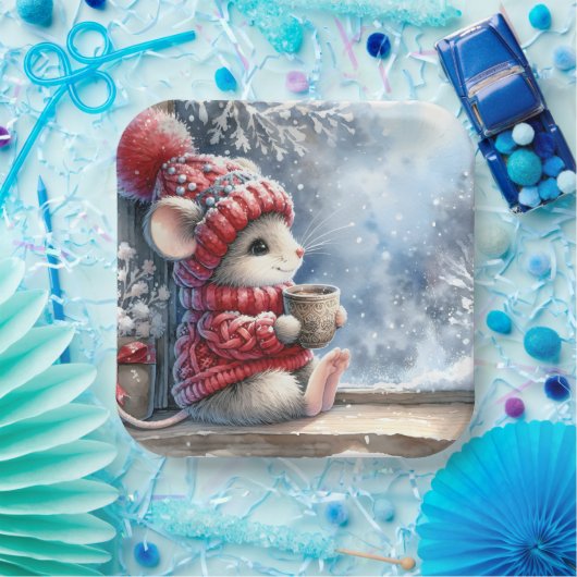 Weihnachtsmäuse im Fenster mit heißem Kakao Pappteller (Party)