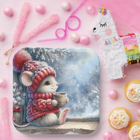 Weihnachtsmäuse im Fenster mit heißem Kakao Pappteller (Party)