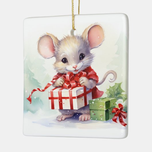 Weihnachtsmäuse mit Geschenk Keramikornament (Links)