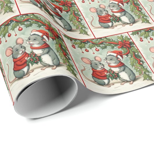 Weihnachtsmäuse mit Holly und Mistletoe Geschenkpapier (Rolleneckpunkt)