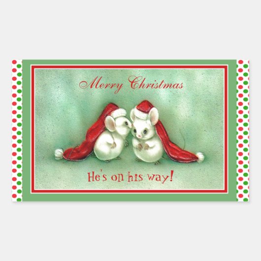 Weihnachtsmäuse mit Roten Weihnachtsmannmützen Rechteckiger Aufkleber (Vorderseite)