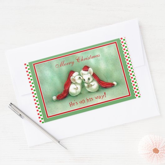 Weihnachtsmäuse mit Roten Weihnachtsmannmützen Rechteckiger Aufkleber (Umschlag)