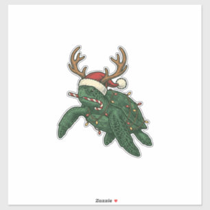 Weihnachtsmeeresschildkröte Rentier Vintage-Stich Aufkleber