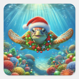 Weihnachtsmeeresschildkröten-Aufkleber Quadratischer Aufkleber