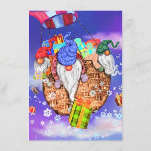 Weihnachtsmenü Gnomes eith Balloon gibt Geschenke Menükarte (Rückseite)