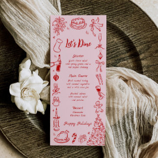 Weihnachtsmenü mit rosa Doodle-Motiven - Lustiges Menükarte