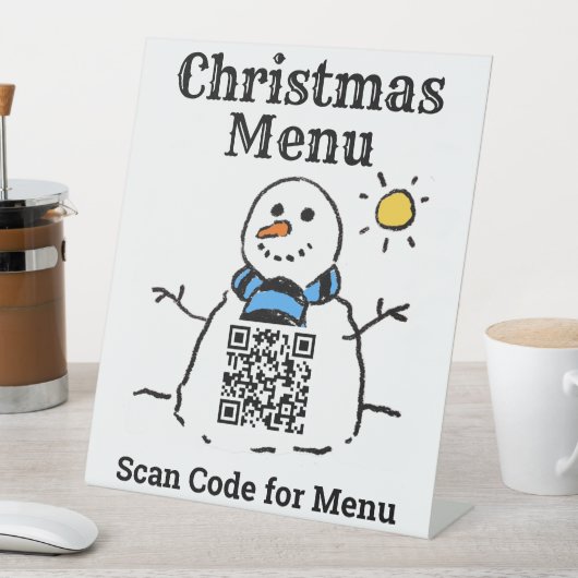 Weihnachtsmenü Snowman mit QR Code Pedestzeichen Sockelschild (In Situ)