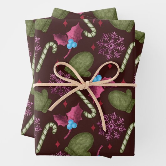 Weihnachtsmilben, Schneeflocken, Pfefferminzsticks Geschenkpapier Set (Beispiel)