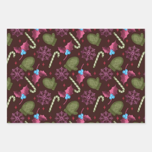 Weihnachtsmilben, Schneeflocken, Pfefferminzsticks Geschenkpapier Set (Vorderseite)