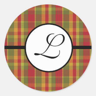 Weihnachtsmonogramm-Aufkleber Kariert Rot Grün Bei Runder Aufkleber