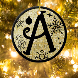 Weihnachtsmonogramm Letter A Black Gold Glitzer Keramik Ornament