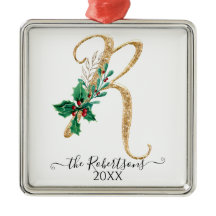 Weihnachtsmonogramm R Gold Glitzer Holly Foliage