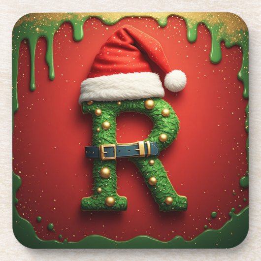 Weihnachtsmonogramm R mit Santa-Hut – Geschenk für Getränkeuntersetzer (Vorderseite)