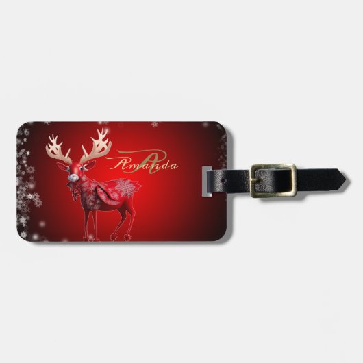 Weihnachtsmonogramm Roter Rentier Winterfeiertage Gepäckanhänger (Vorderseite horizontal)