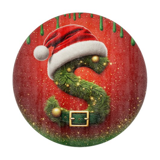 Weihnachtsmonogramm S mit Santa-Hut als festliches Schneidebrett (Vorderseite)