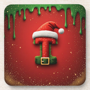 Weihnachtsmonogramm T mit Santa-Hut als festliches Getränkeuntersetzer