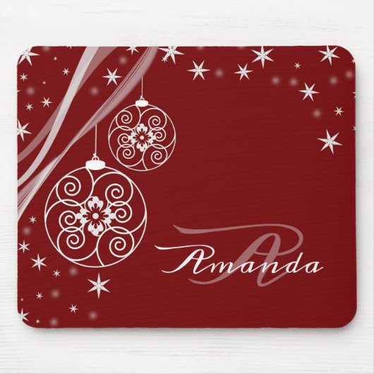 Weihnachtsmonogramm Weiße Ornamente Rot Elegant Mousepad (Vorne)