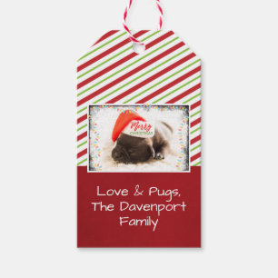 WeihnachtsMops in der Weihnachtsmannmütze mit Geschenkanhänger