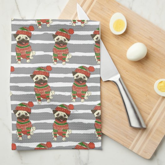 WeihnachtsMops-Porträt-Muster Geschirrtuch (Viertel Falte)