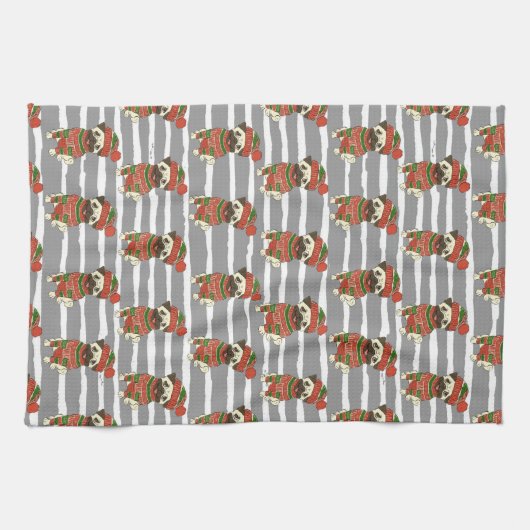 WeihnachtsMops-Porträt-Muster Geschirrtuch (Horizontal)