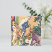 Weihnachtsmorgen, Kinder mit Geschenken Feiertagskarte (Stehend Vorderseite)