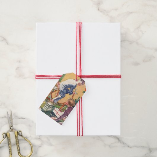 Weihnachtsmorgen, Kinder mit Geschenken Geschenkanhänger (Mit Garn)