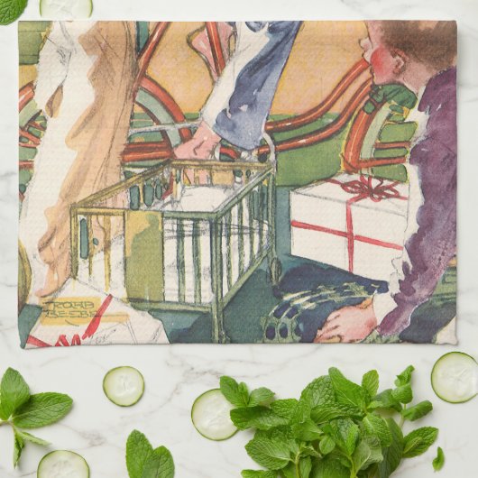 Weihnachtsmorgen, Kinder mit Geschenken Geschirrtuch (Gefaltet)