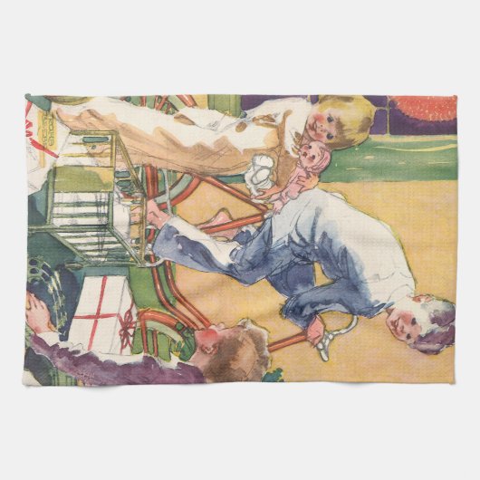 Weihnachtsmorgen, Kinder mit Geschenken Geschirrtuch (Horizontal)