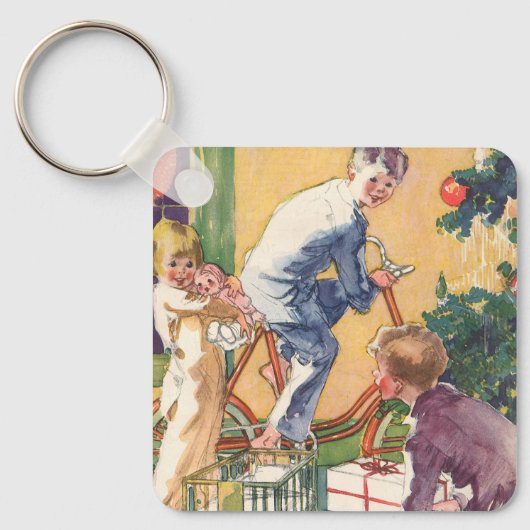 Weihnachtsmorgen, Kinder mit Geschenken Schlüsselanhänger (Vorderseite)