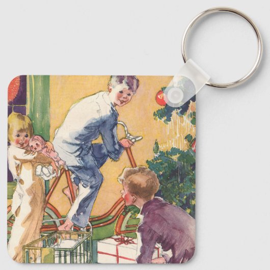 Weihnachtsmorgen, Kinder mit Geschenken Schlüsselanhänger (Rückseite)