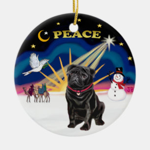 Weihnachtsmorgen - Schwarzer Mops Keramik Ornament
