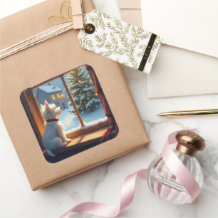 Weihnachtsmorgenansicht eines West Highland White  Quadratischer Aufkleber