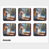 Weihnachtsmorgenansicht eines West Highland White Quadratischer Aufkleber (Blatt)