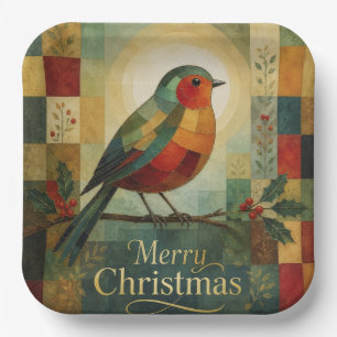Weihnachtsmosaik Rotkehlchen Vogel Stechpalmenbeer Pappteller